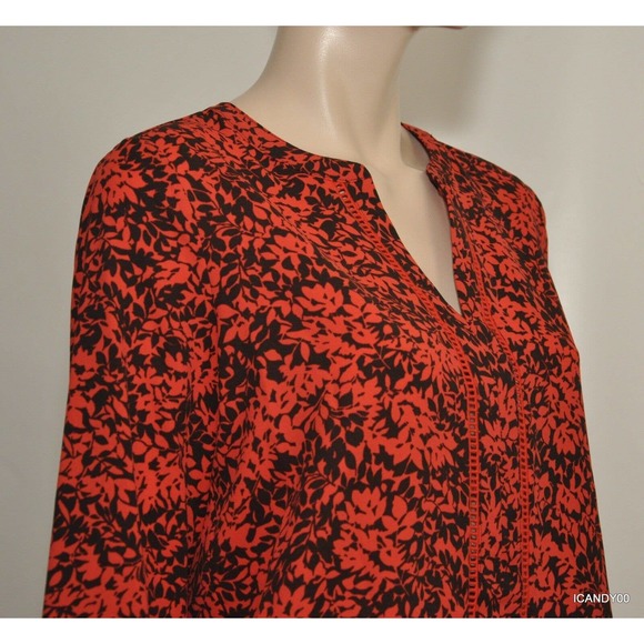 Michael Kors Split Neck Blouse Shirt Top Tunic Coral Reef Red/Black S Nwt $99 - Picture 5 of 10